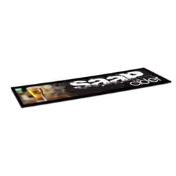 A large black counter mat featuring a drink glass and a logo. The design includes white and silver elements.