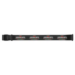 A full colour luggage strap featuring a white background with black and red logos, secured with a black buckle.