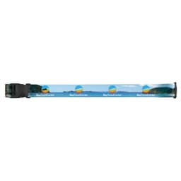 A full colour luggage strap featuring a scenic beach design and a logo. Predominantly blue and green tones.