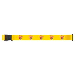 A yellow luggage strap featuring repeated graphics of strawberries and the text "The Juicy Strawberry."