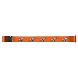 An orange luggage strap featuring a repeated design and a buckle closure. There is branding on the strap.