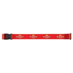 A red luggage strap featuring a branding logo and a secure buckle. The strap has a vibrant design.