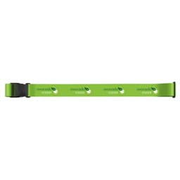 A vibrant green luggage strap featuring the logo "avocado vision" printed multiple times along its length.