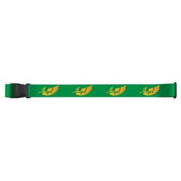 A green luggage strap featuring orange wing designs and a logo. Ideal for securing luggage.