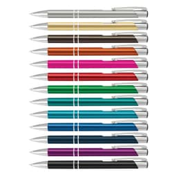 A collection of metal pens in various colours, each featuring silver accents and a logo.