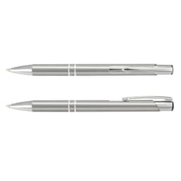 A metal pen in silver with a glossy finish, featuring a clip and decorative bands. Includes branding on the surface.