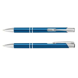 A blue metal pen with silver accents, featuring a clip and sleek design, with a logo on its body.