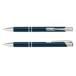 A metal pen in navy blue with silver accents, featuring a sleek design and a clip, alongside another identical pen.