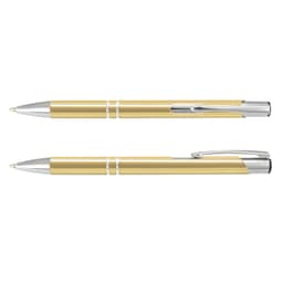 A gold metal pen with silver accents, featuring a clip and a smooth barrel design.