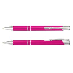 A pink metal pen with silver accents, featuring a sleek design and a clip for easy attachment.