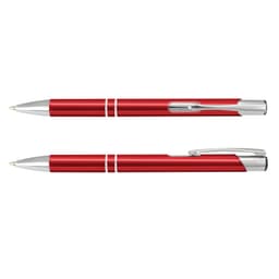 A metal pen in vibrant red with silver accents, featuring a modern design and a clip. It has a logo present.