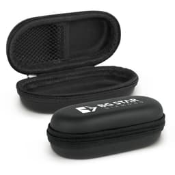 A black mini carry case with a zip closure and an interior mesh pocket, featuring a logo on the exterior.