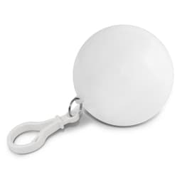 A white, spherical raincoat ball with a clip attachment.