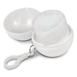 A white promotional product featuring a round container with a lid that holds a clear raincoat. It includes a keyring attachment.