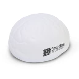 A white stress shape designed like a brain, featuring a logo on one side.