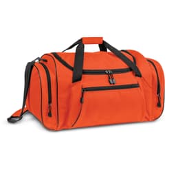 An orange duffle bag with multiple zipped pockets and black accents, featuring both handles and a shoulder strap.