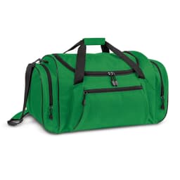A green duffle bag with black zippers and straps, featuring multiple compartments and a shoulder strap.