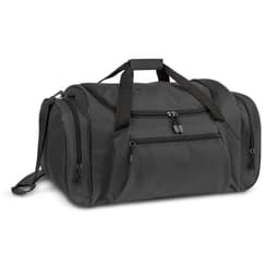 A black duffle bag with multiple pockets and a shoulder strap, featuring handles and a logo.