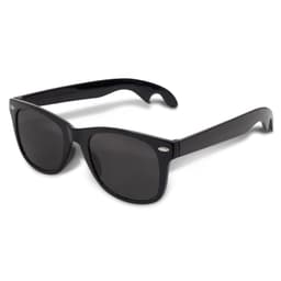 A drink bottle opener integrated into stylish black sunglasses, designed for leisure and outdoor activities.