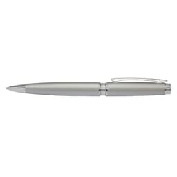 A metal pen featuring a sleek silver finish with a textured grip and a clip for convenience.