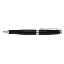A sleek black metal pen featuring silver accents and a clip.