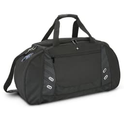A sleek black sports bag with dual handles and a removable shoulder strap, featuring side pockets for extra storage.