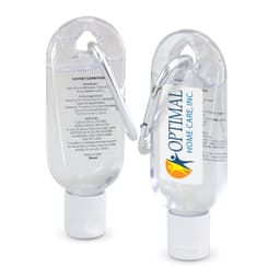 A clear 30ml hand sanitiser container with a carabiner clip, featuring a logo and white cap.
