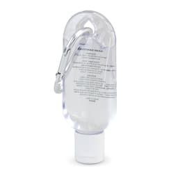A clear hand sanitiser bottle with a white cap and a carabiner attached, containing 30ml of liquid.