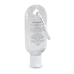 A clear 30ml hand sanitiser bottle with a carabiner attached. The bottle features a white flip-top cap.