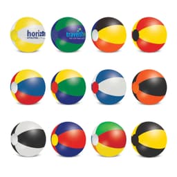 A selection of colourful beach balls in various patterns and designs, some featuring logos.