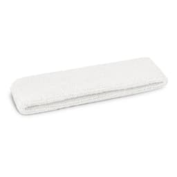 A white head sweat band is folded lengthwise and displayed against a plain background. It has a simple design and texture.