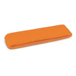 An orange sweat band made from textured fabric, folded and resting flat. Features a logo.