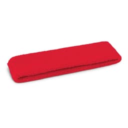 A red sweat band made of textured fabric, folded neatly. It features a logo on its surface.