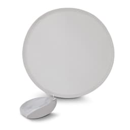 A round white fan with a matching pouch attached. The fan is open and displayed flat.