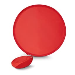 A fan with a pouch, featuring a bright red circular design. The fan folds neatly into a smaller pouch for easy storage.