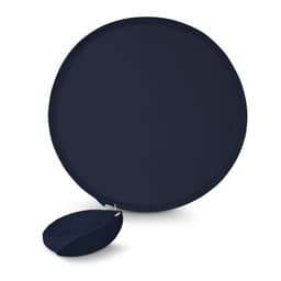 A round navy fan with a pouch attached for easy storage.