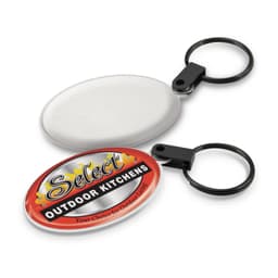 A key ring with a black keychain and two oval sections, one for cleaning screens and one featuring a logo.