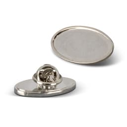 An oval lapel pin with a shiny silver finish and a secure attachment mechanism on the back.
