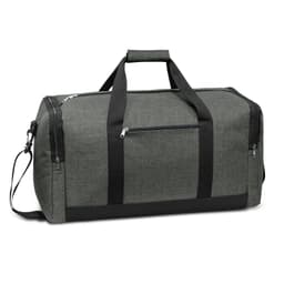 A dark green duffle bag with black accents, featuring a shoulder strap and zippered pockets. It has a logo on it.