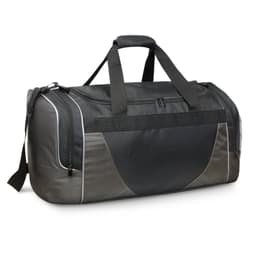 A black and grey Excelsior duffle bag with multiple compartments and a carry strap. Features a logo on the side.