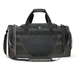 A black and dark grey duffle bag with a shoulder strap and side mesh pocket, featuring a logo.