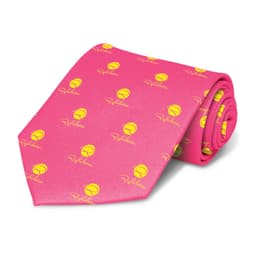 A pink tie featuring a repeated pattern of yellow designs, showcasing a vibrant and playful style.