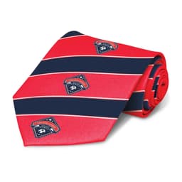 A stylish tie featuring a red and navy striped design, adorned with collegiate logos.