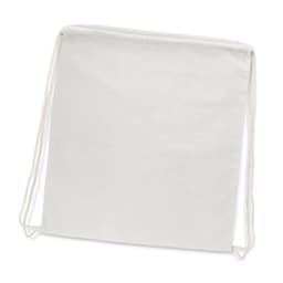 A cotton drawstring backpack in a light colour, featuring a simple design and a logo.