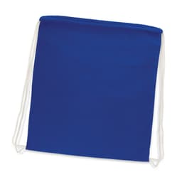 A blue cotton drawstring backpack with white straps. It features a simple design and has a logo.