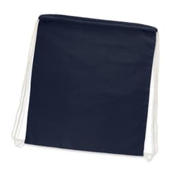 A navy cotton drawstring backpack with white drawstrings and a plain design. It features a branding logo.