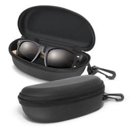 A black zippered case opens to reveal bamboo-framed sunglasses inside, showcasing dark lenses.