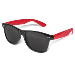 Malibu Premium Sunglasses featuring a black frame and red arms with dark lenses.