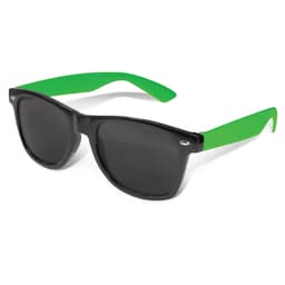 Malibu Premium Sunglasses featuring a black frame and vibrant green arms, designed for leisure and outdoor activities.