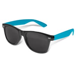 Malibu Premium Sunglasses featuring a black frame with vibrant blue arms and dark lenses.
